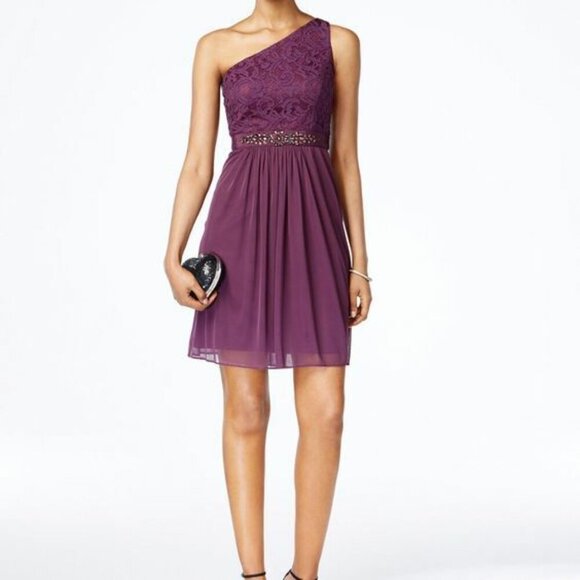ADRIANNA PAPELL One-shoulder Lace & Tulle Party Dress, Currant NWT 6 - Picture 6 of 10